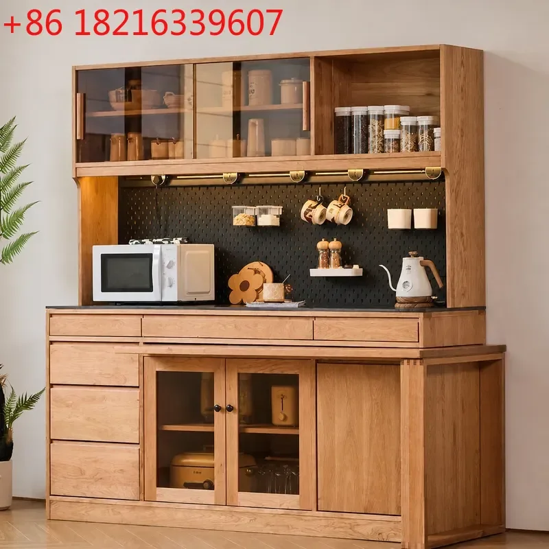 YAONordic Solid Wood Cherry Folding Dining Table with Integrated Storage Locker Wine Cabinet and Rotating Side Cabinet