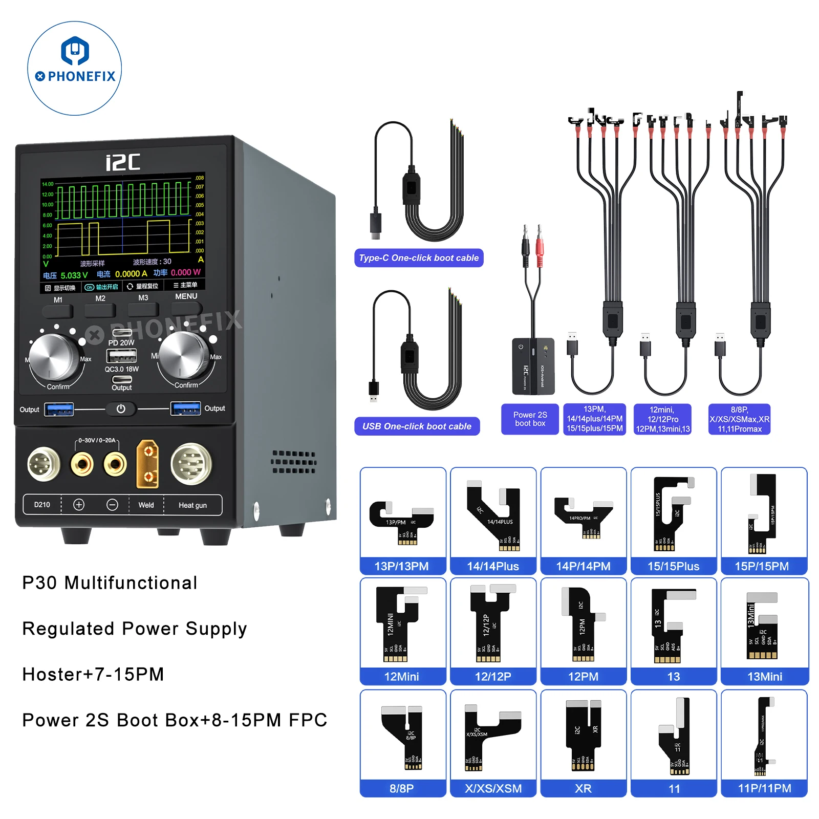 

i2c P30S Regulated Power Supply With Booting Test Cable Extensible Module for iPhone 7-15 Series Board Short Circuit Repair