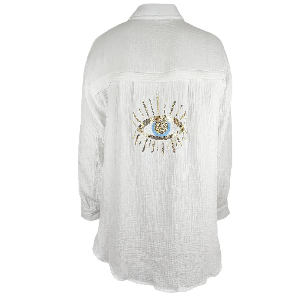 Casual Sequin Beaded Shirt with Turn-Down Collar Loose Top Long Sleeve Geometric Evil Eye Spring Summer Button Shirts Blouse