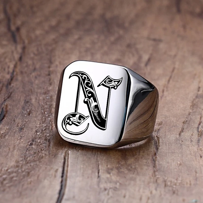 Stainless Steel Retro Punk Initial Rings for Men Gift Gothic Male Letter Stamp Jewelry Gift Anillos Mujer Fashion 2023