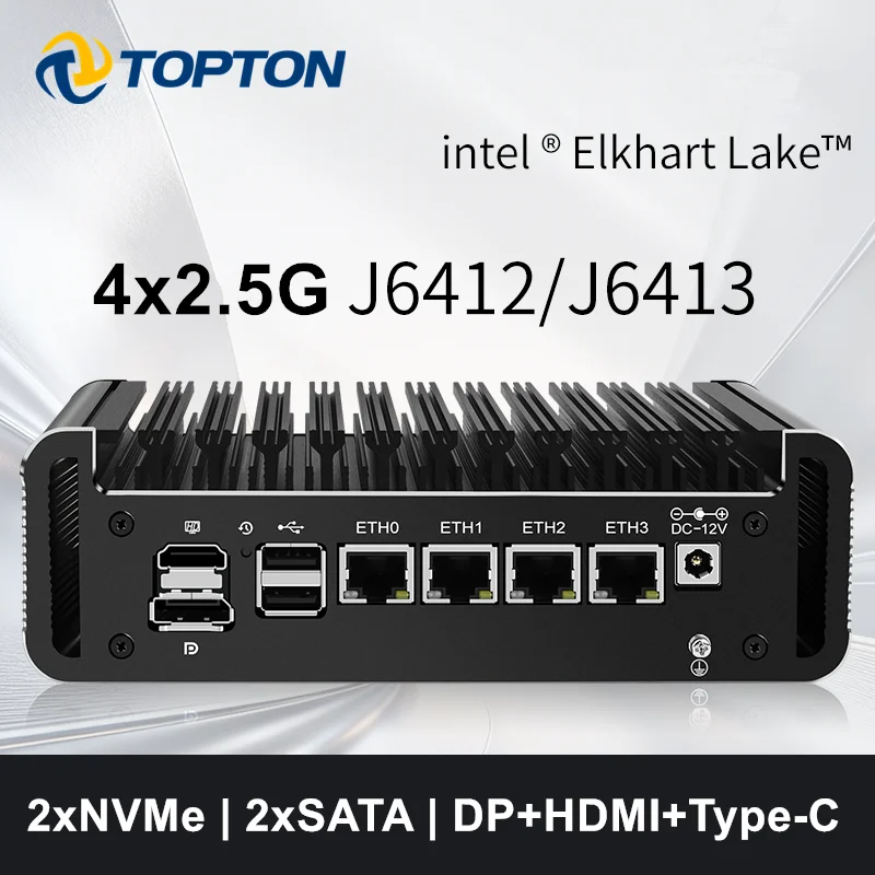 Topton Fanless Firewall Mini PC Intel Celeron J6413 J6412 4x 2.5G NICs NAS PC 2xNVMe 2xSATA 1xTF 2xDDR4 Type-C Homelab Server