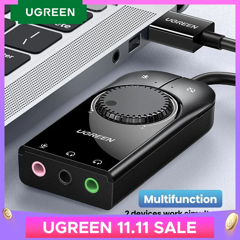 UGREEN USB Sound Card Audio Interface External 3.5mm Microphone Audio Adapter Soundcard for Laptop PS5/4 Headset USB Sound Card