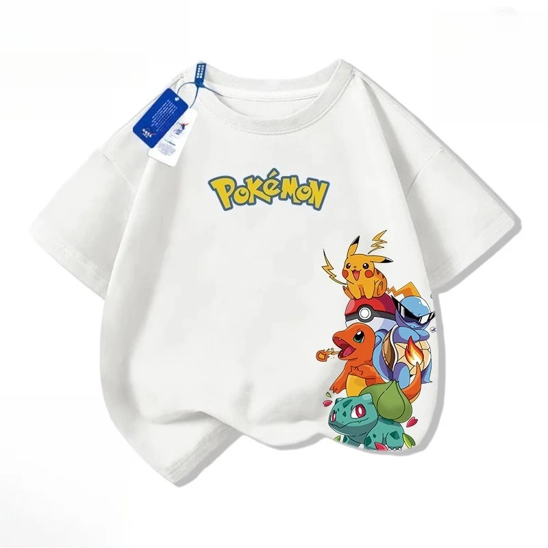 Детская летняя новая детская футболка из чистого хлопка с рукавами Хайфа для мальчиков, топ с рисунком Покемона Пикачу для мальчиков, детская футболка