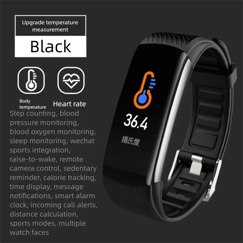 

Health Monitoring Smart Bracelet Body Temperature Blood Pressure Heart Rate Oxygen Monitor Sleep & Exercise Tracker Step Counter