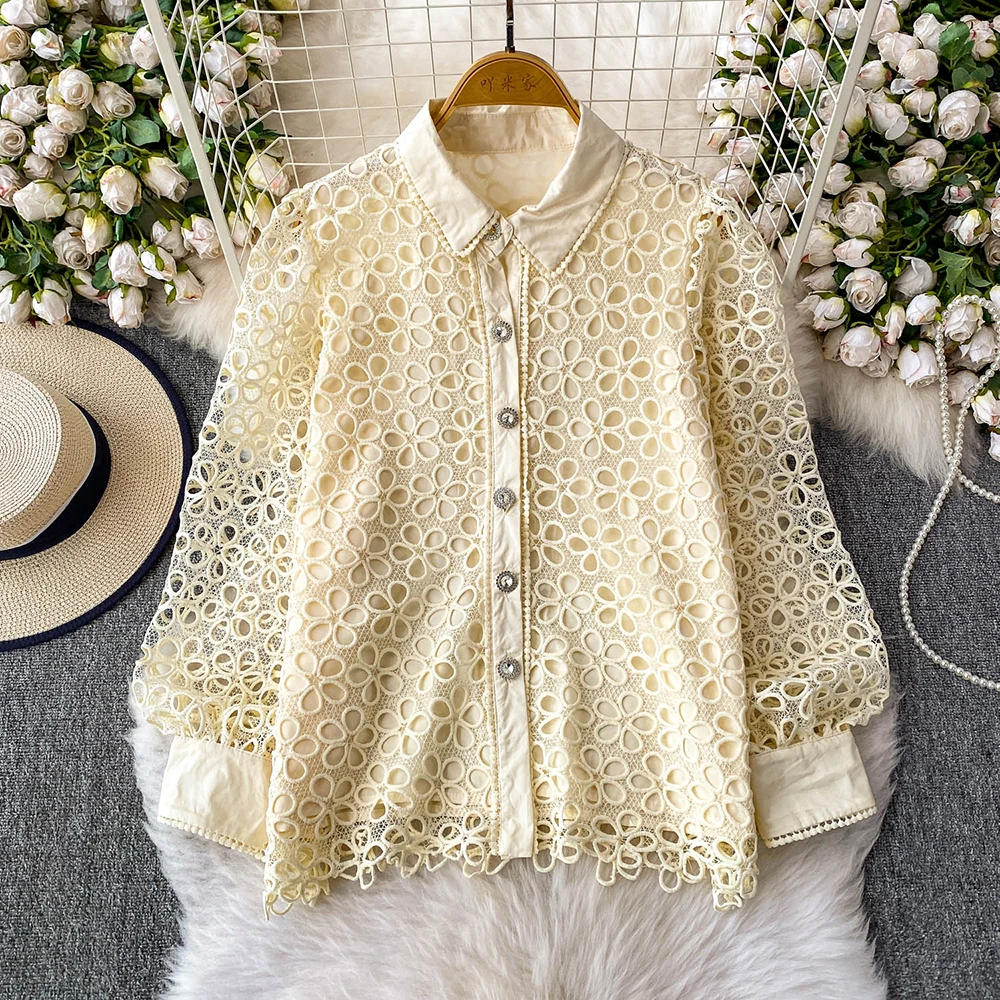 French Style Hollow-out Lace Shirt Women's Lapel Collar Single-breasted Long Sleeve Female Spring Autumn Loose Fit Shirt Tops
