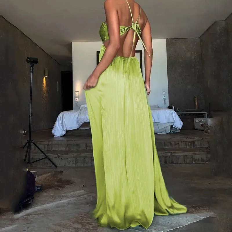 Robe longue plissée à col licou pour femmes, tenue d'été élégante, épaules dénudées, couleur unie, Maxi, taille haute, dos nu, à lacets, robe de Banquet