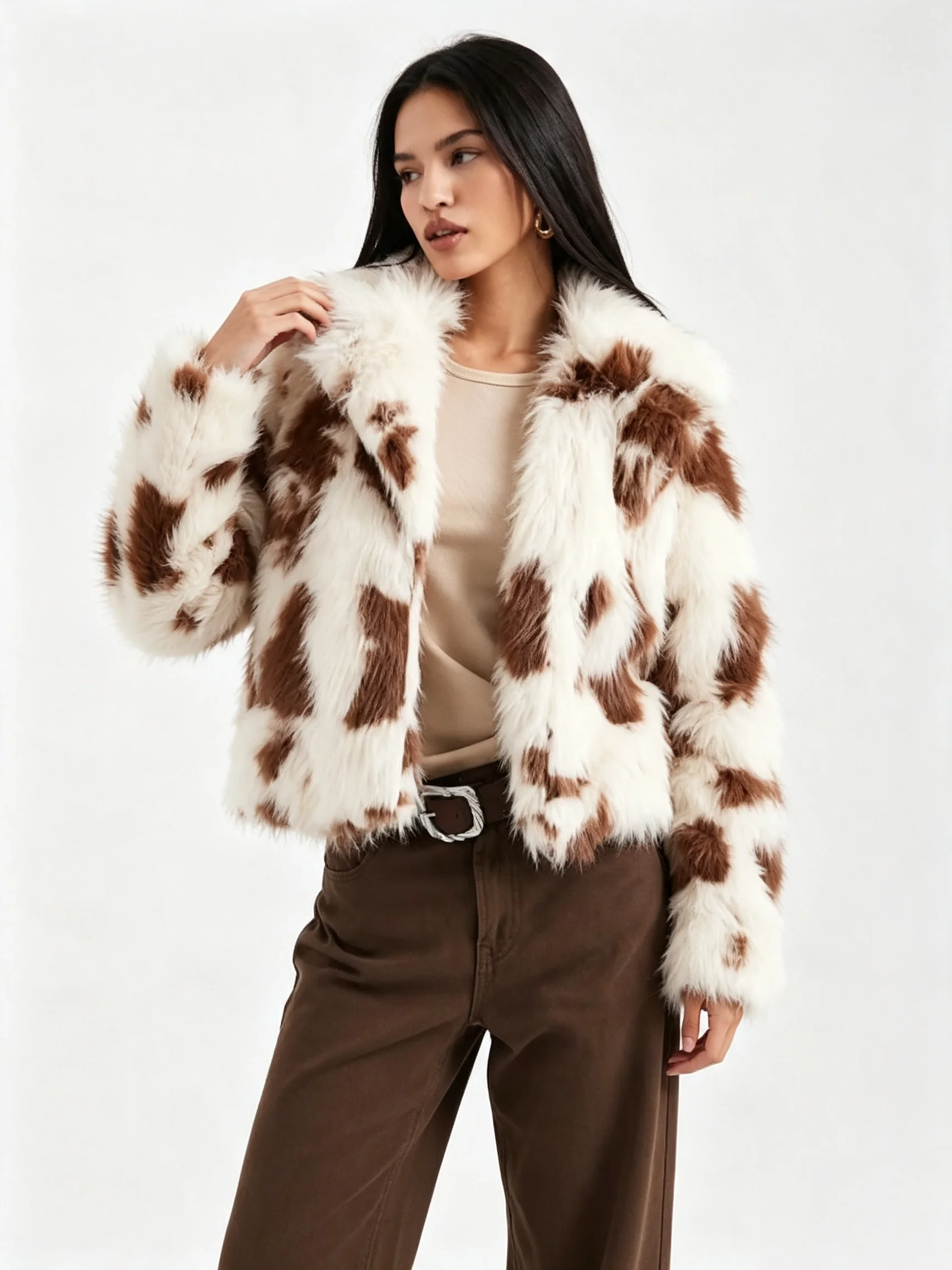PUAL Women Cow Print Faux Fur Cropped Jacket Lapel Open Front Fluffy Short Outerwear