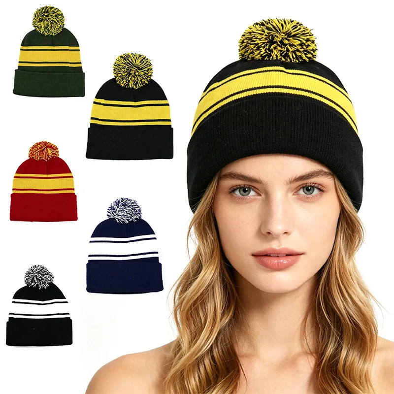 Autumn and winter striped pom-pom knit hat, European and American style, cuffed, warm women's wool pullover hat