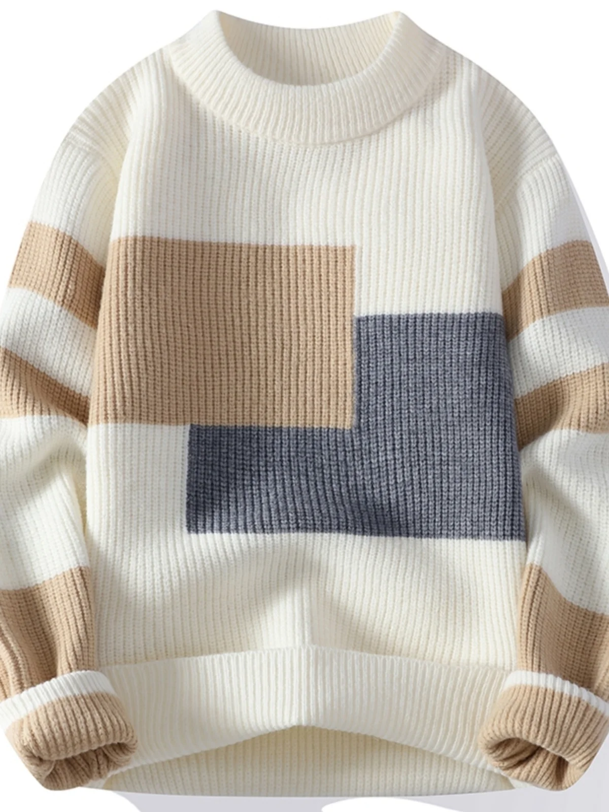 

Мужской зимний повседневный свободный вязаный свитер с цветными блоками, теплый, утолщенный, с длинным рукавом, круглым вырезом, молодежный, модный, для отдыха