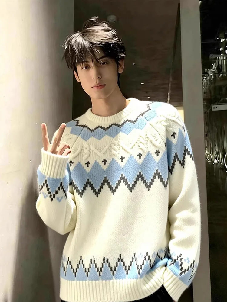 

White Fair Isle Retro Diamond Pattern round Ne Knit Sweater Men's Autumn Winter Cleanfit Korean Sle Aosphere Knitted Ba...