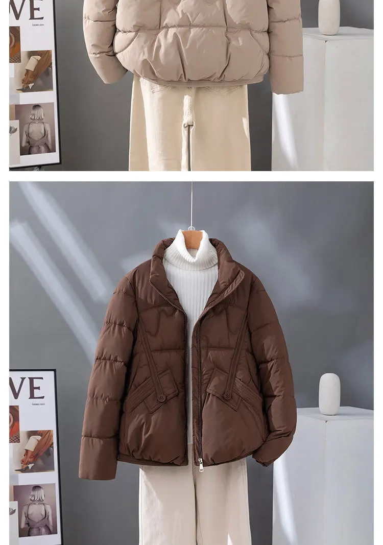 Femmes Parkas court manteau surdimensionné veste solide fermeture éclair col montant manches longues poche ample épais bureau dame décontracté 2025 hiver