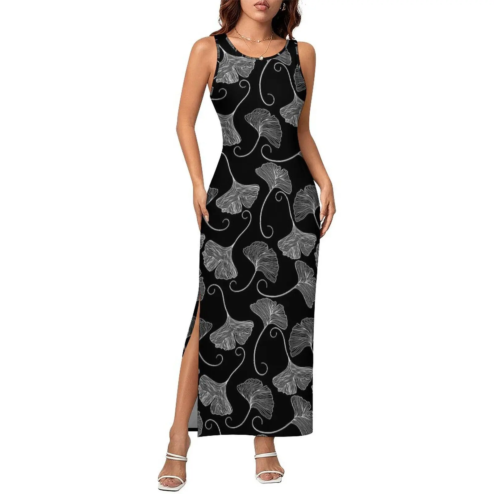Black Sketch Ginkgo Print Bodycon Dress Summer  Slim Sexy Maxi Dresses Women Sleeveless Pattern Streetwear Dress Large Size
