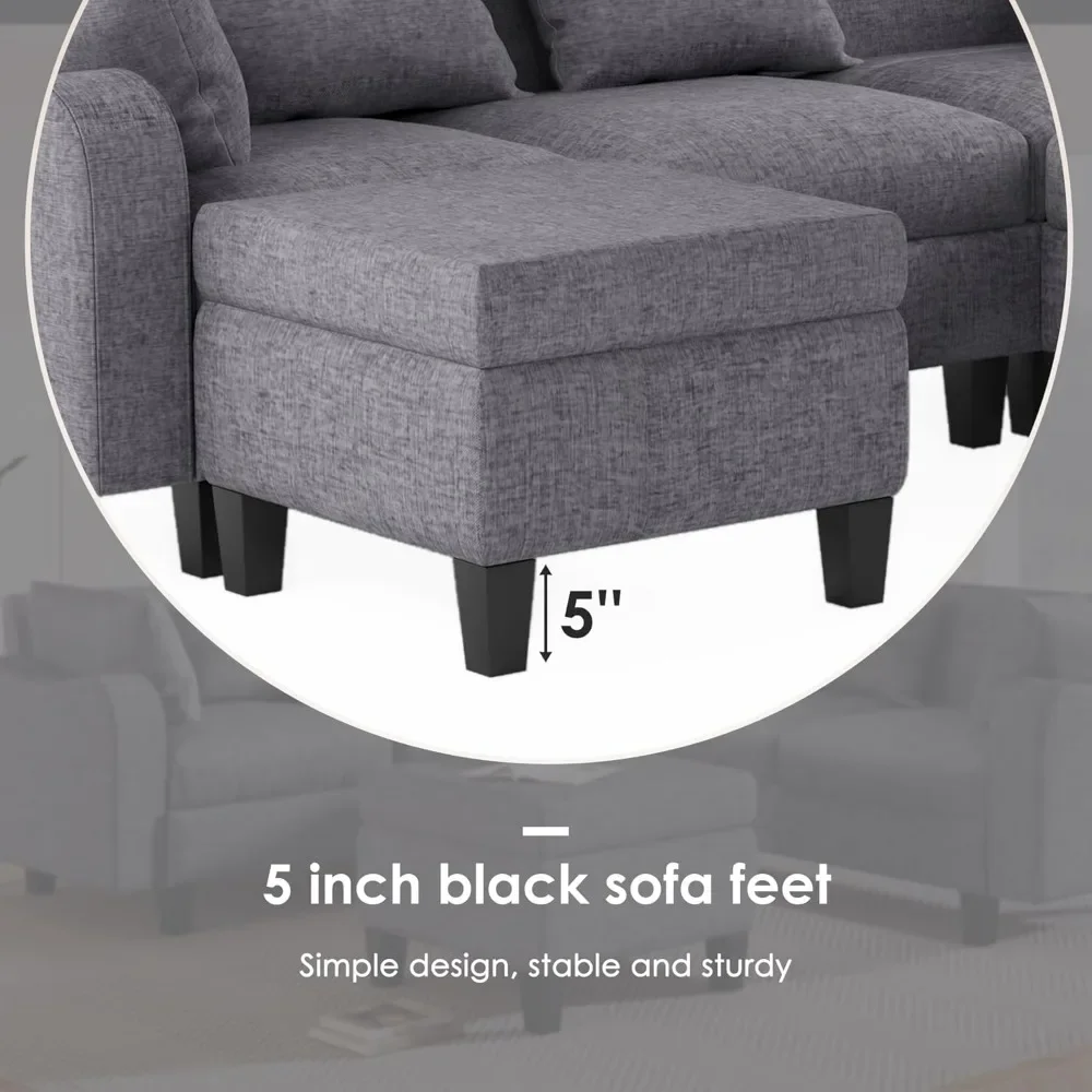 L-Shaped Couch with Coffee Table & 6 Pillows 6Seat Sectional Sofa with Storage Ottoman & Unique Curved Armrest Convertible Sofa