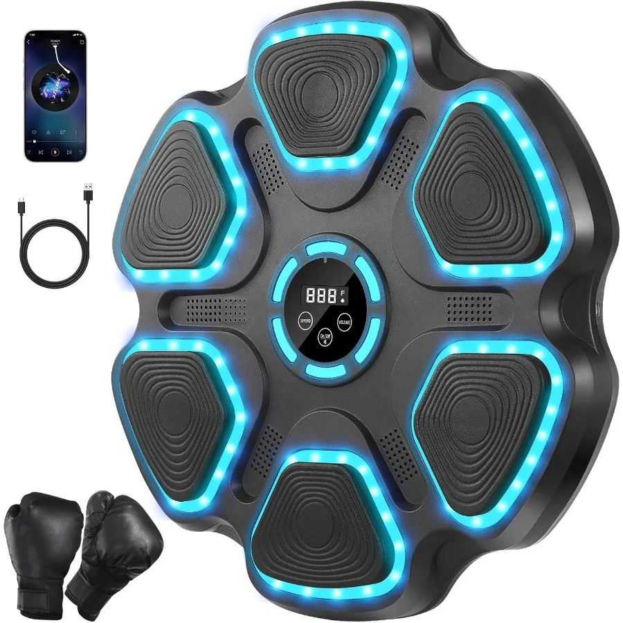 

Настенный музыкальный боксерский тренажер для взрослых с Bluetooth-звуком, LED-подсветкой, 11 режимами и 9 уровнями сложности, черный цвет