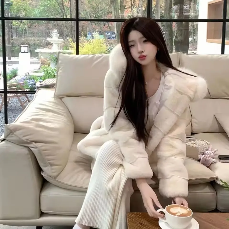 Warm Fluffy Overcoat Women's Medium Length Plush Outwear Winter Eco-Friendly Mink Fur Collar Hooded Faux Fur Coat