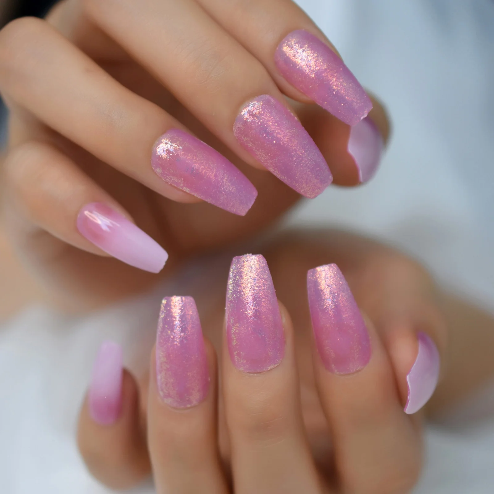 Ombre Pink French Press on False Nails Shiny Glitter Gradient Long Ballerina Coffin Full Cover Fake Fingers Nails faux ongles