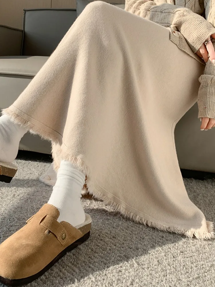 

Утепленная вязаная юбка А-силуэта средней длины для женщин, осенне-зимняя, с высокой талией, из шерстяной смеси, в пол, для повседневной носки