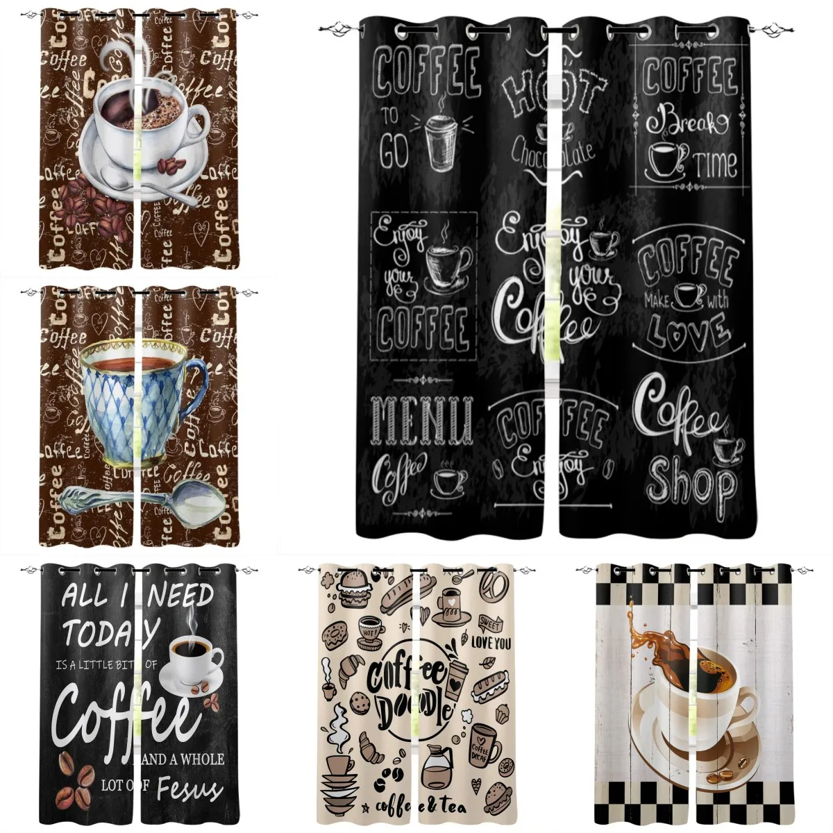 

2panels Coffee Text Graffiti Black Background KitchenWindow Curtain for Living Room Bedroom Home Decor Kitchen for Window Drapes