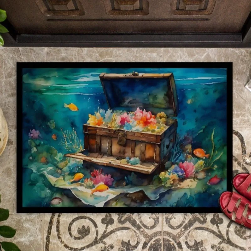

Watercolor Treasure Chest Doormat 24Hx36W Non-Slip Washable Nautical Indoor Outdoor Entryway Rug