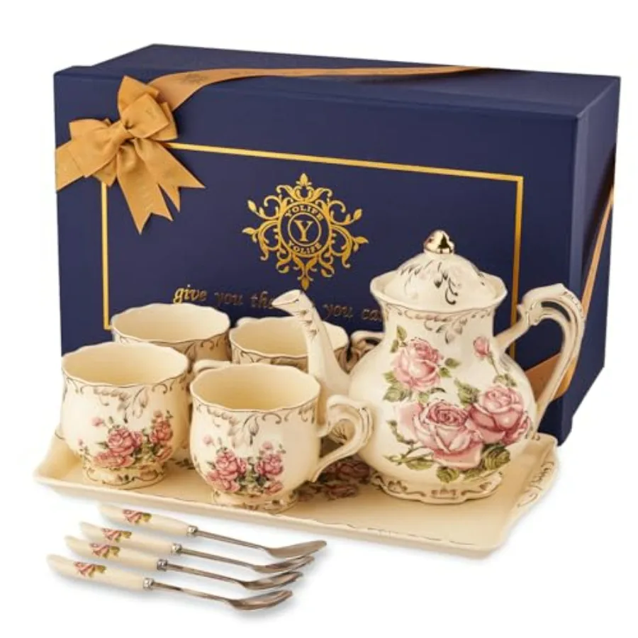 

Porcelain Tea Set Vintage, Tea Cups with Teapot, Serving Tray and Teaspoon Service for 4, Suitable for Tea Party Gifts