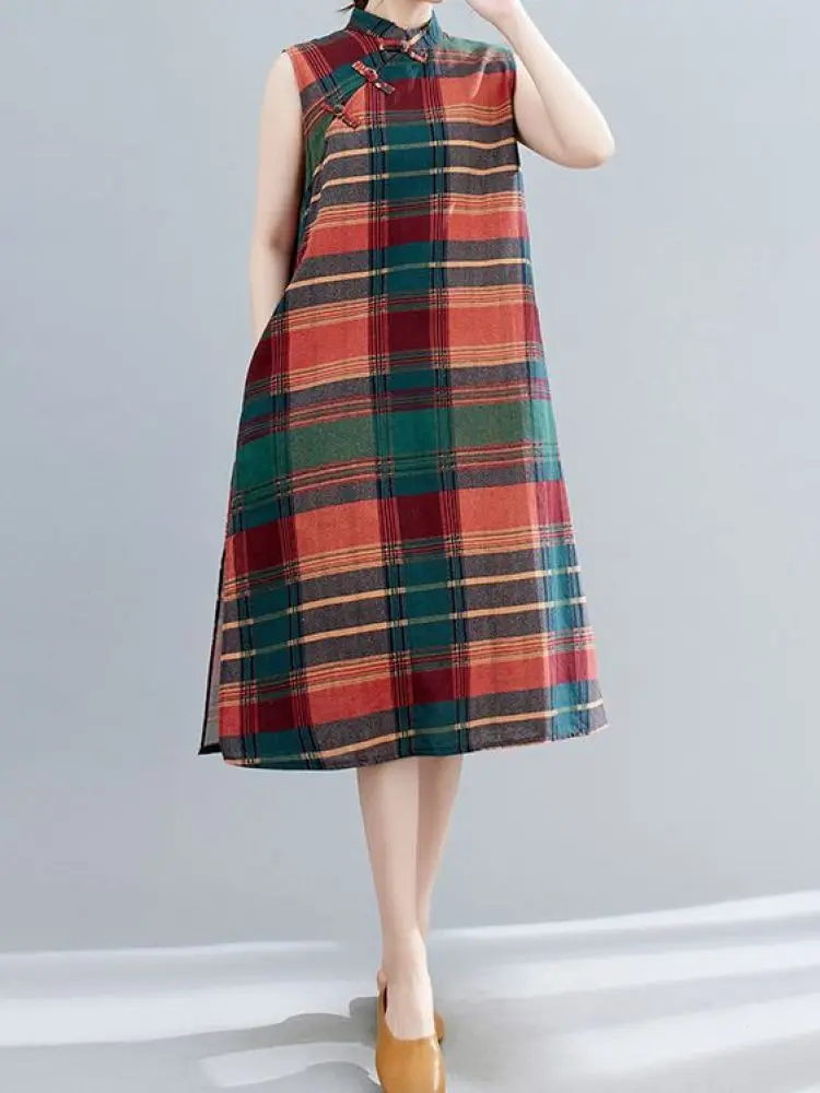 Business Casual Midi Length Loose Fit Dress Button up Stand Collar Qipao Style Skirt for Commuting Women's plus Size Dress