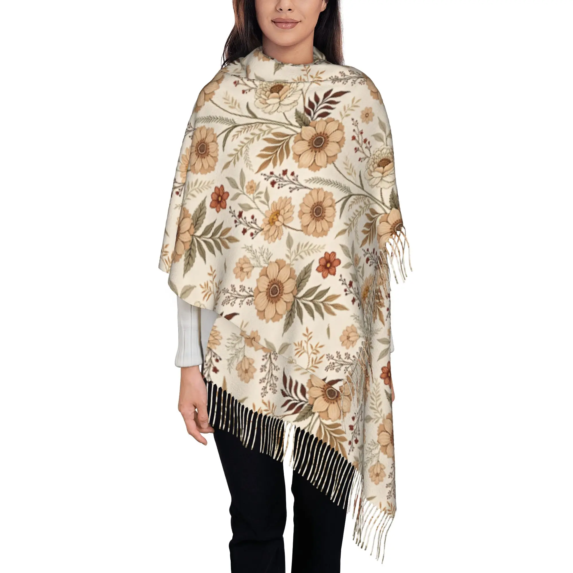 Custom Neutral Boho Earth Tone Vintage Floral  Scarf Wrap Women Long Winter Warm Tassel Shawl Unisex  Scarves