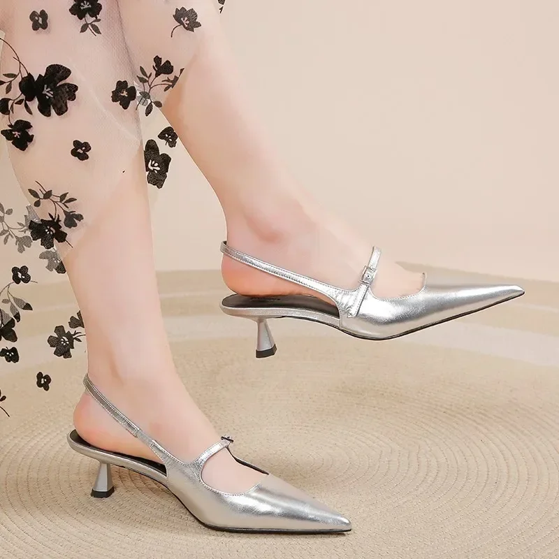 Summer Low Sandals Woman Leather Suit Female Beige Womens Shoes High Heels Low-heeled Black Comfort New Stiletto Girls