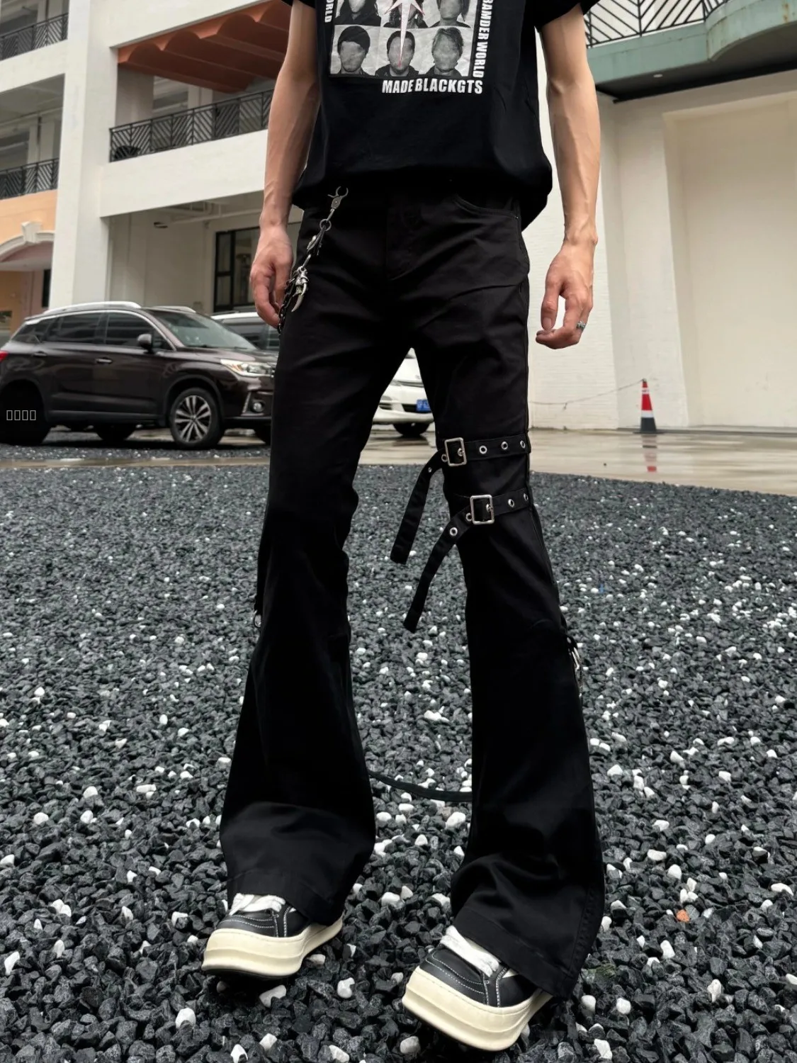 

Bla Belted Flared Workwear Pants for Men High Street Sle Visual Kei Jeans Loose Straight Leg Trousers Durable Wear