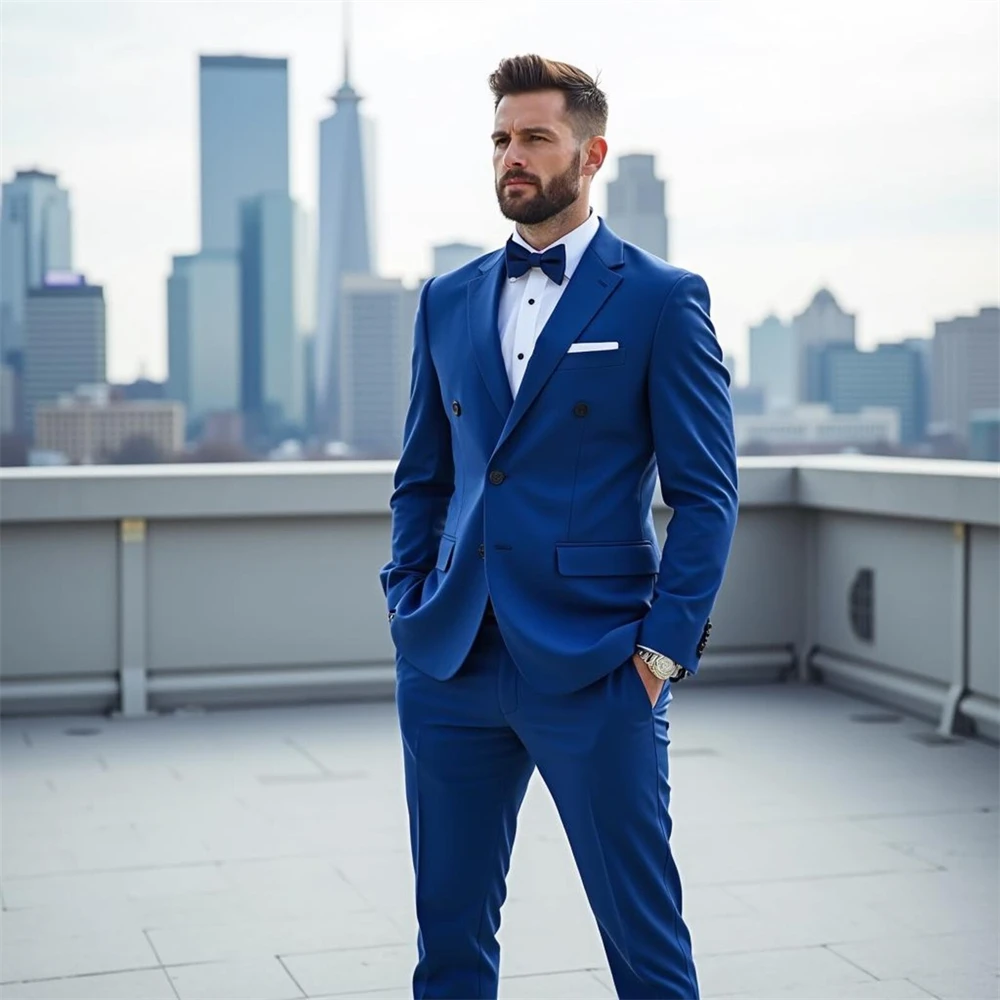 

Blue Double-Breasted Suit Tailored Fit Wedding Groom Tuxedo 3-Piece Formal Wedding Suit (Blazer+Vest+Pants)