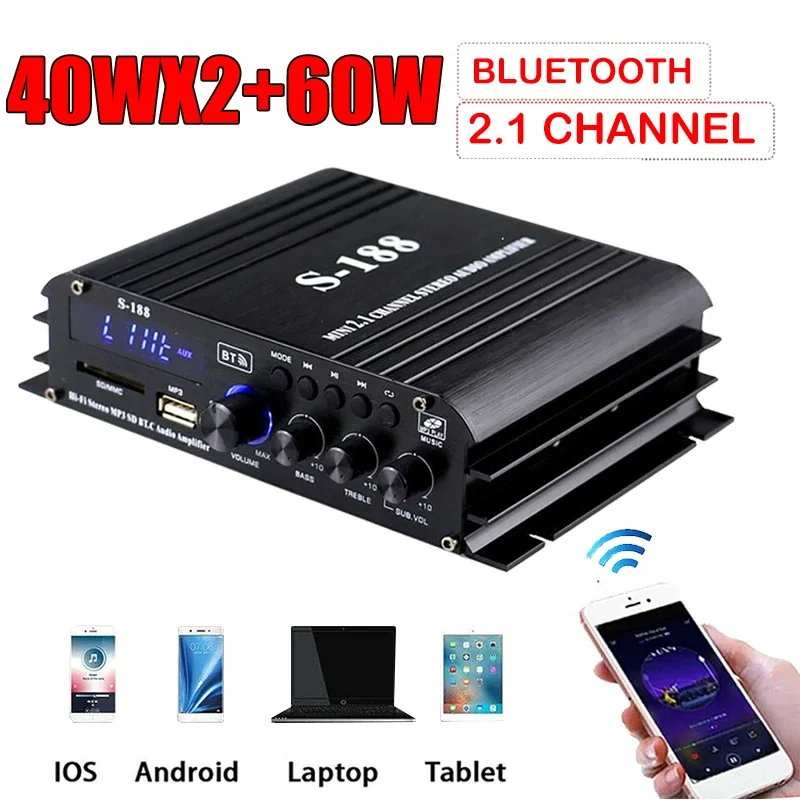 

S-188 2.1 Channel Mini Hi-Fi Digital Bluetooth Wireless Power Amplifier Car Home Audio Stereo Speakers Bass Amplifier USB/SD AUX