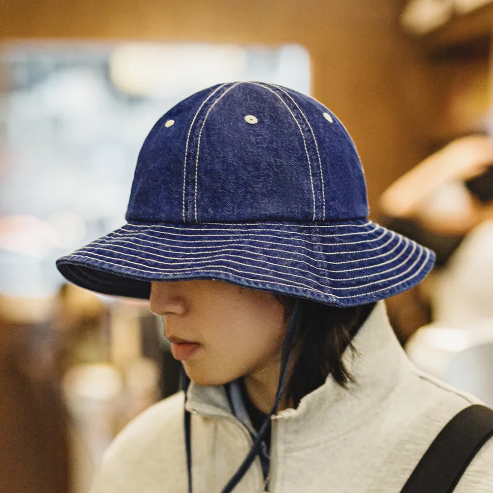 Maden New Vintage Outdoor Blue Denim Bucket Hat Wide Brim Round Top Sun Hat for Breathable Unisex Fisherman Hat Casual Denim Cap