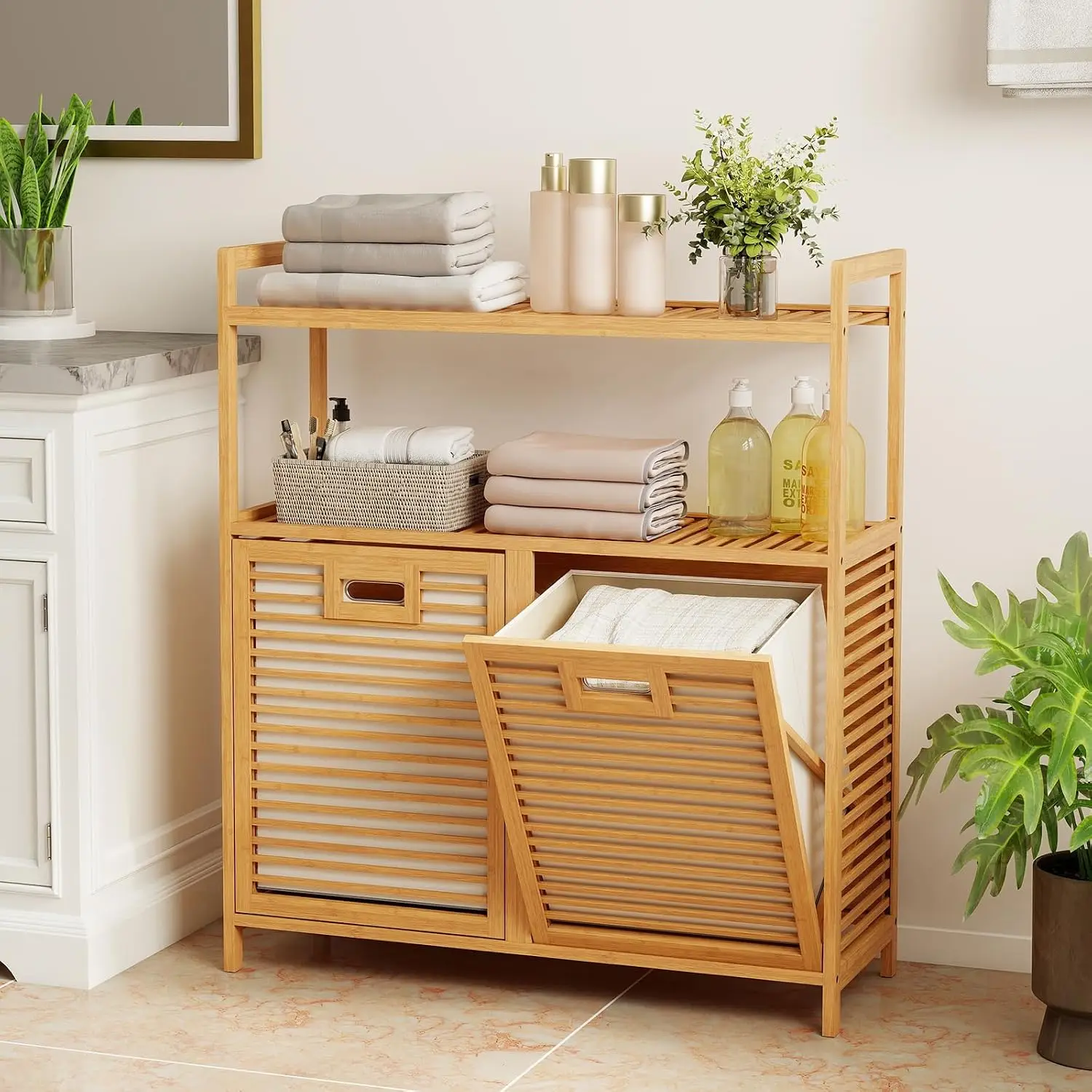 Double Tilt Out Laundry Hamper w/2-Tier Storage Shelf, Customized