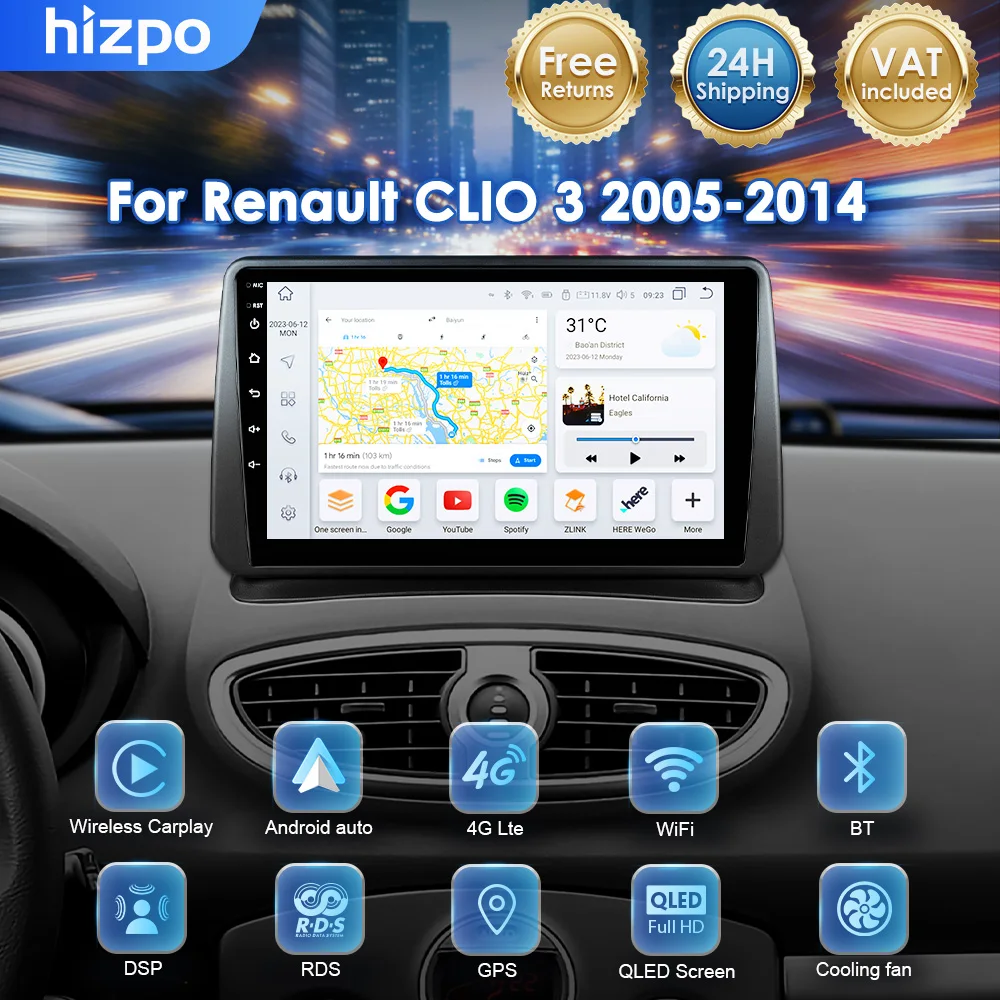 Hizpo 7862 Autoradio Multimediale per Renault Clio 3 2005-2014 con CarPlay Wireless, Android Auto, Navigazione GPS, 2din