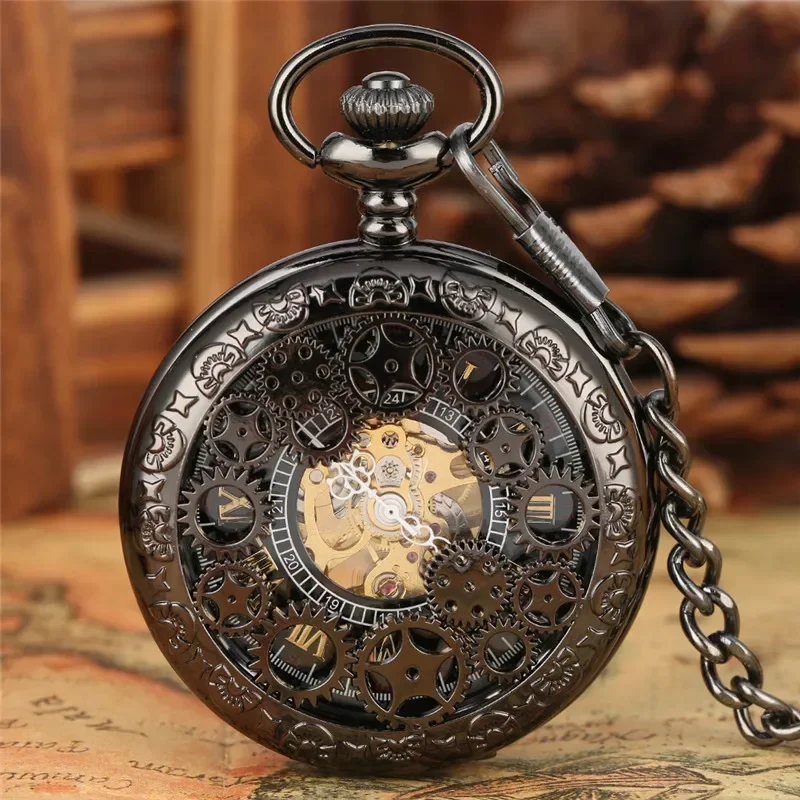 Classic Men Women Hand-winding Mechanical Pocket Watch Hollow Out Gear Case Skeleton Clock with Pendant Chain Roman Number Dial