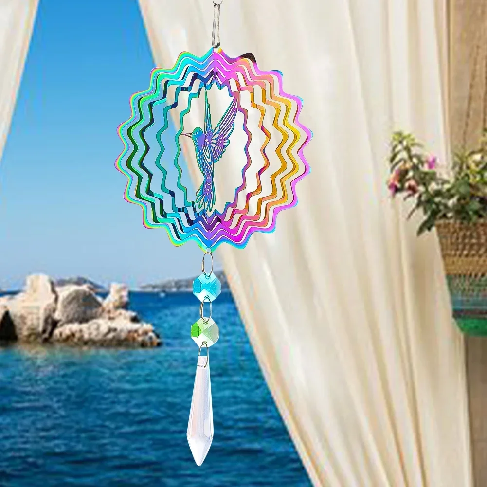 3D Mandala Hummingbird Wind Chime Rotating Glass Crystal Lucky Sun Catcher Garden Patio Hanging Bedroom Kawaii Room Decor