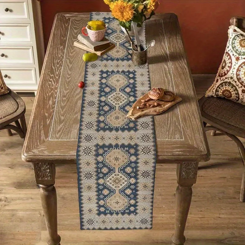 Bohemian Vintage Table Runner | Blue & Beige Retro Geometric Design | Decor for Kitchen, Dining Room, Party, Dresser & Tabletop