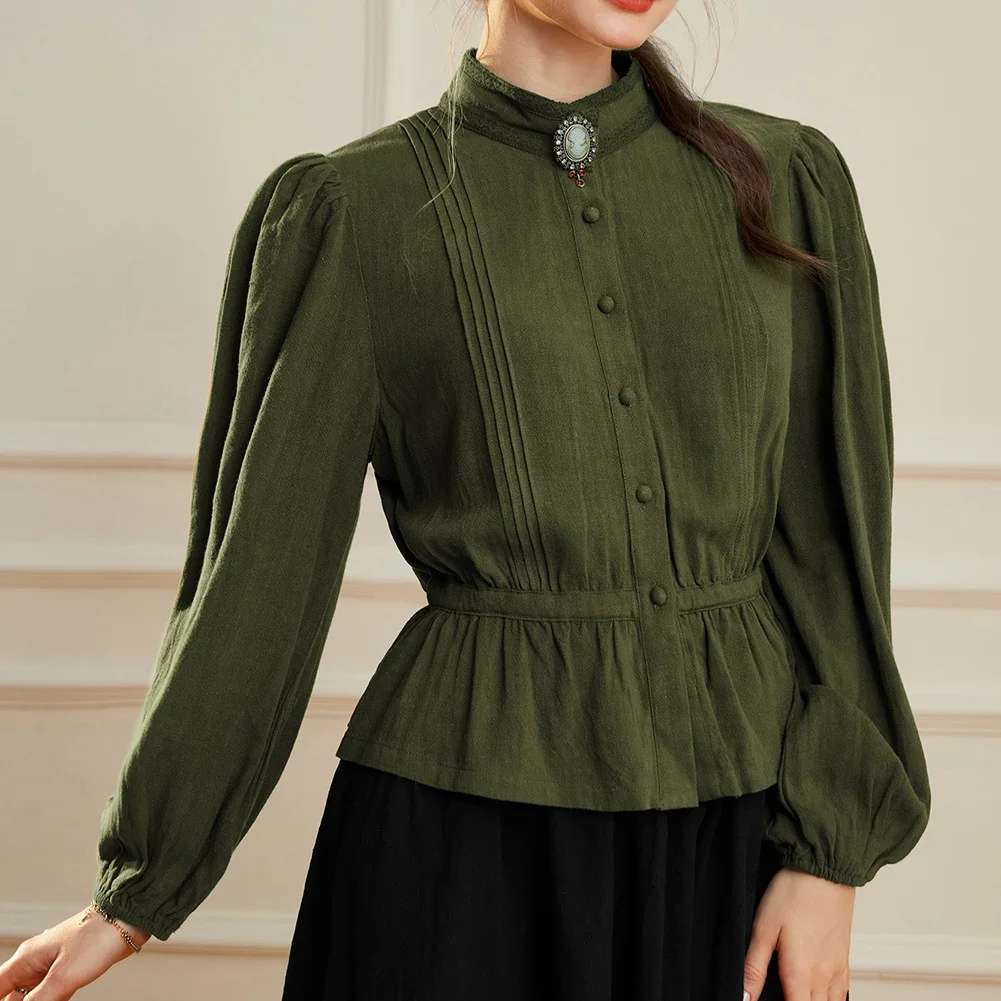 SD Blouse Women Vintage Renaissance Drawstring Waist Shirt Breathable Long Sleeve Stand Collar Tops Blusa Feminina