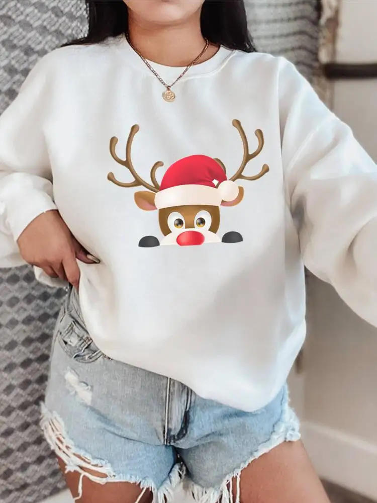 

Christmas Lovely Deer Face Trend 90s O-neck New Year Fleece Pullovers Fashion Clothing Holiday Female Women Graphic Sweatshirts