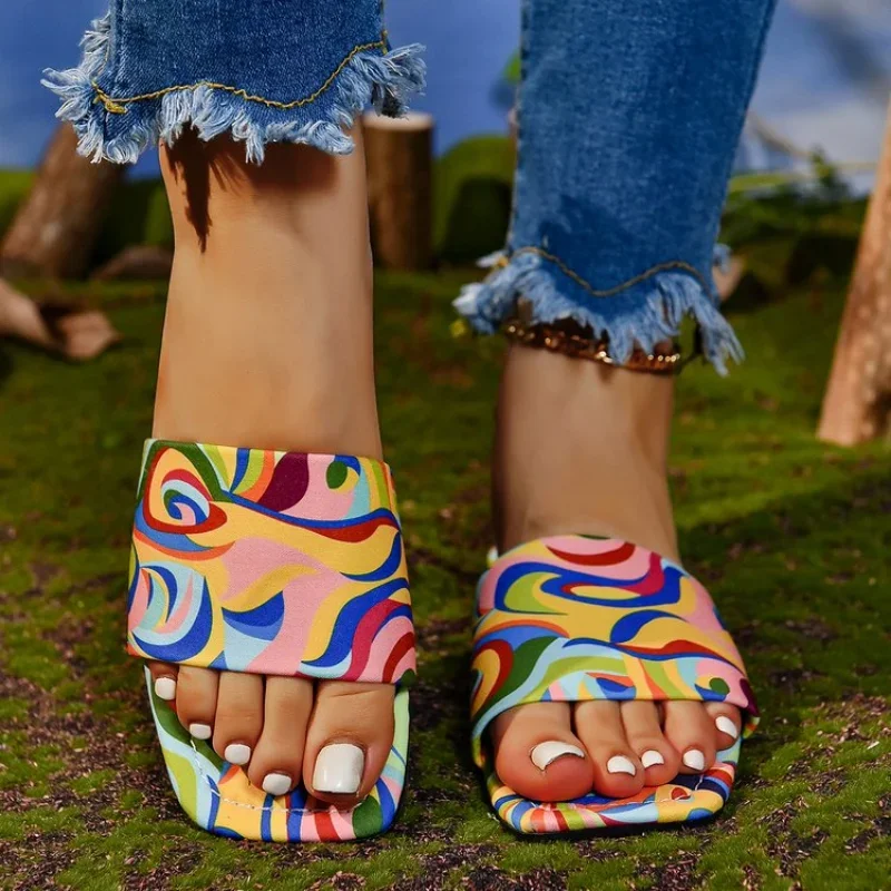 Women Print Flower Color Slippers Flats Flip Flops  Summer Beach Dress Sandals Designer New Casual Slides Zapatillas Mujer