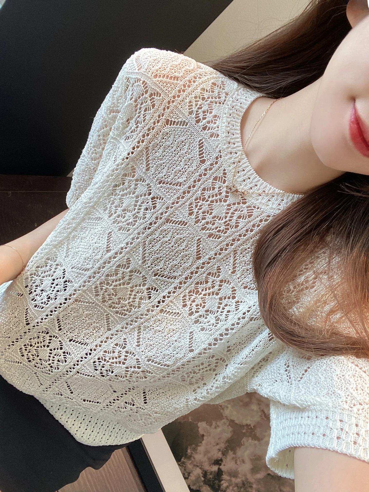 

Женский модный повседневный топ AMR UU Heavy Industry с ажурной вязкой, свободного кроя, с коротким рукавом, мягкий, удобный, дышащий