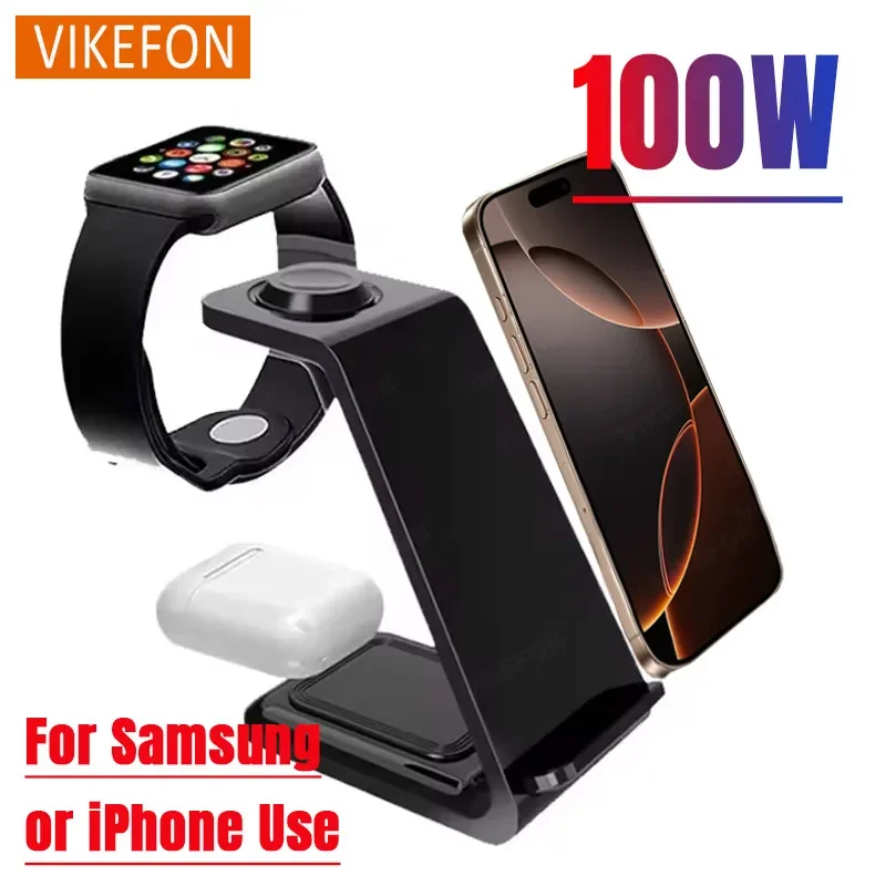 

100W 3 In 1 Fast Wireless Charger For iPhone 16/15/14/13/12 Samsung S24/S23/S22 Apple Watch 9/8/7 Galaxy 7/6/5 Charging Station