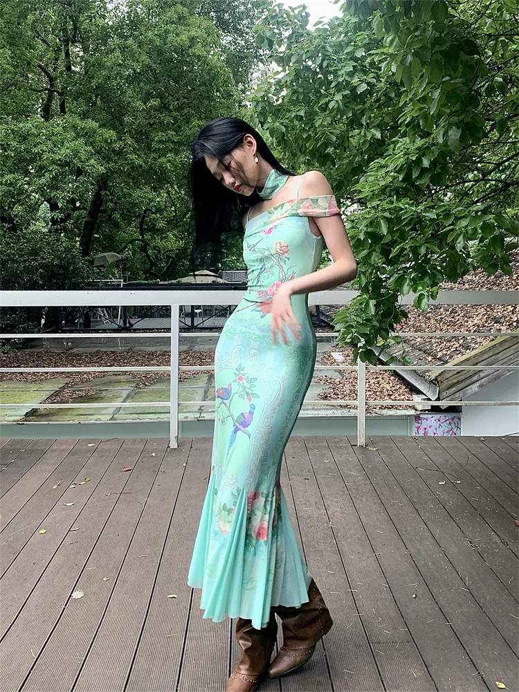 CHEERART Green Floral Bodycon Long Mermaid Dress For Women Elegant Party Summer Slash Tunics Mesh Midi Dress 2024 Clothes