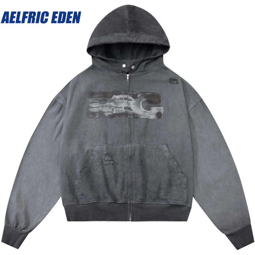 

Aelfric Eden Ripped Distressed Zip Washed Hoodies Coat Streetwear Hip Hop Vintage Zipper Hooded Sweatshirt Y2K Harajuku Hoodies