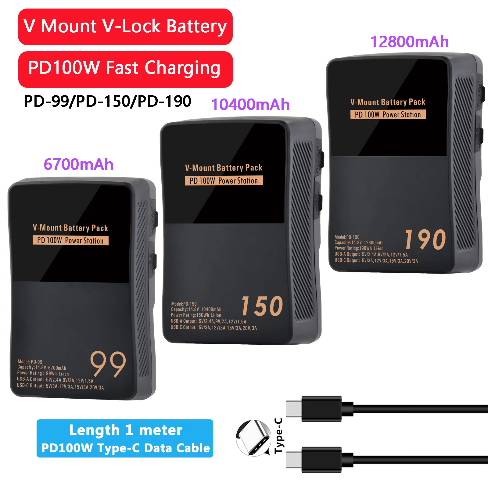 

V Mount V-Lock Battery PD-99 PD-150 PD-190 BP Battery with PD100W Type-C Cable for Sony Camcorder Broadcast Video Light Laptops