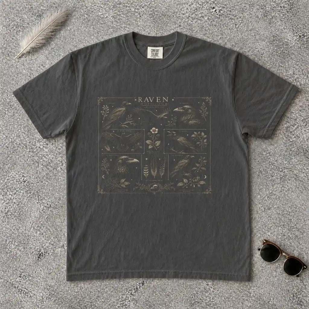 Raven Corvus Corax Botanical Field Guide T-Shirt, Dark Academia Crow Tee