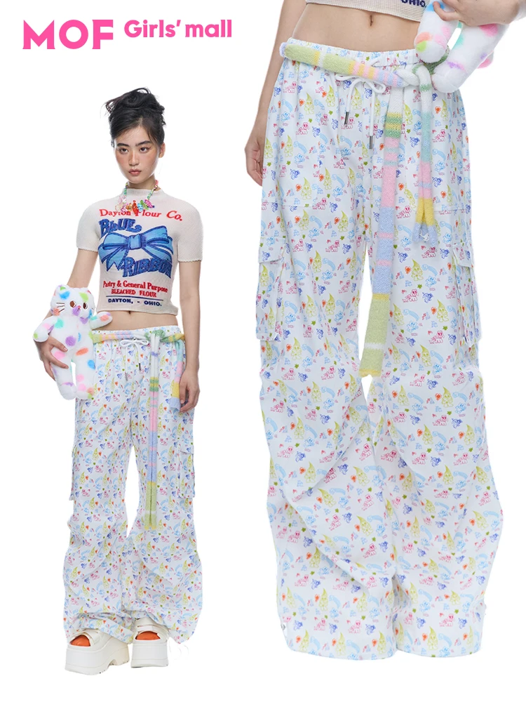 MOF Girl Summer Thin Line Print  Work Pants Loose Fit Straight Leg Natural Waist Elastic Waistband Casual Pants