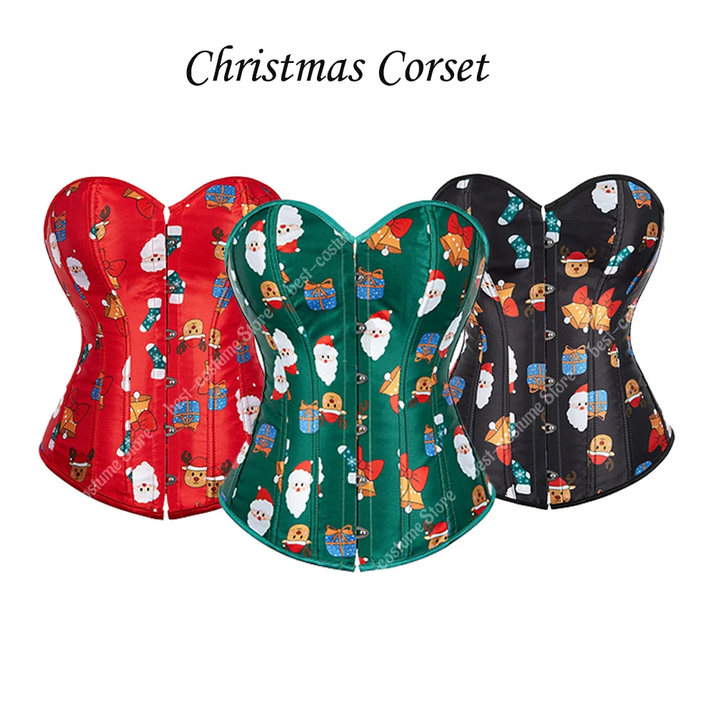 Christmas Corset Tops for Women Red Green Burlseque Santa Costume Cosplay Sexy Print Overbust Corset New Years Party Outfit