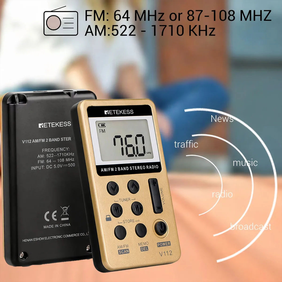 Retekess V112 Radio Mini Pocket Radio Receiver Portable Radios AM FM Rechargeble Sleep Time Earphone For Walkman Go Hiking