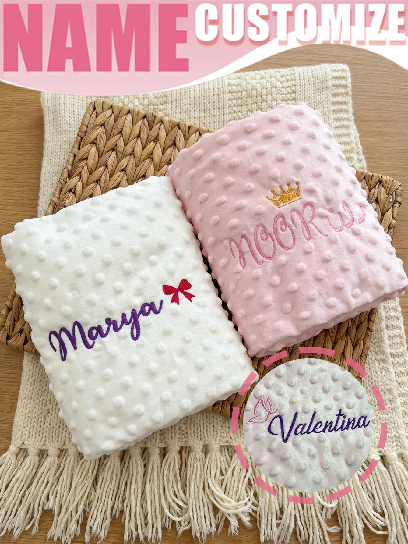 Customizable Embroidery Reversible Minky Dot Blanket Baby Shower Gift Set with Matching Burp Cloths And Nursing Cover for Baby