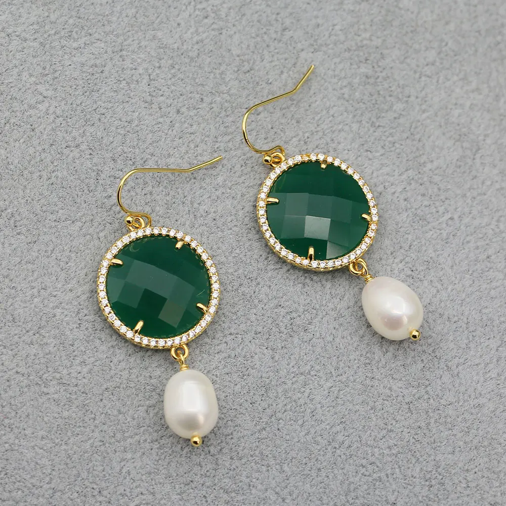 GG Natural Freshwater White Rice Pearl Green Jade CZ Pave Coin Dangle Hook Earrings For Lady Simple Gifts